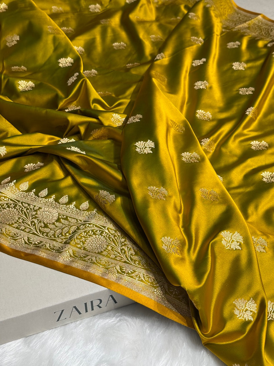Neon Gold Floral Boota Satin Katan Silk saree SK32