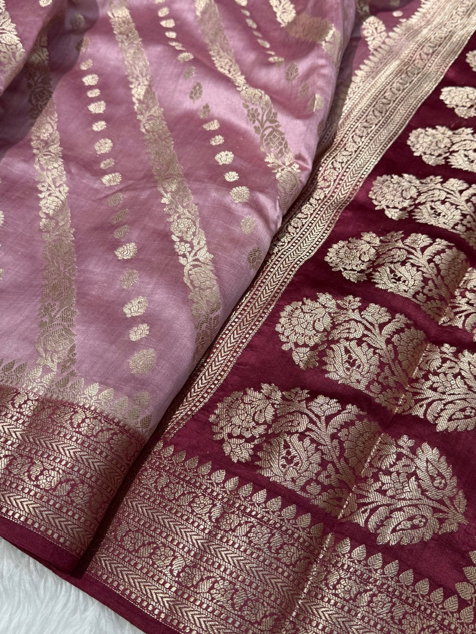 Old Rose Wine Contrast Pure Chiniya Silk
