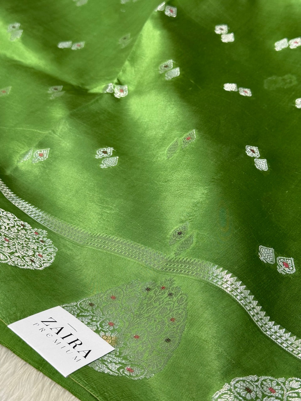 Grass Green Boota with Silver Zari Pure Mango Silk