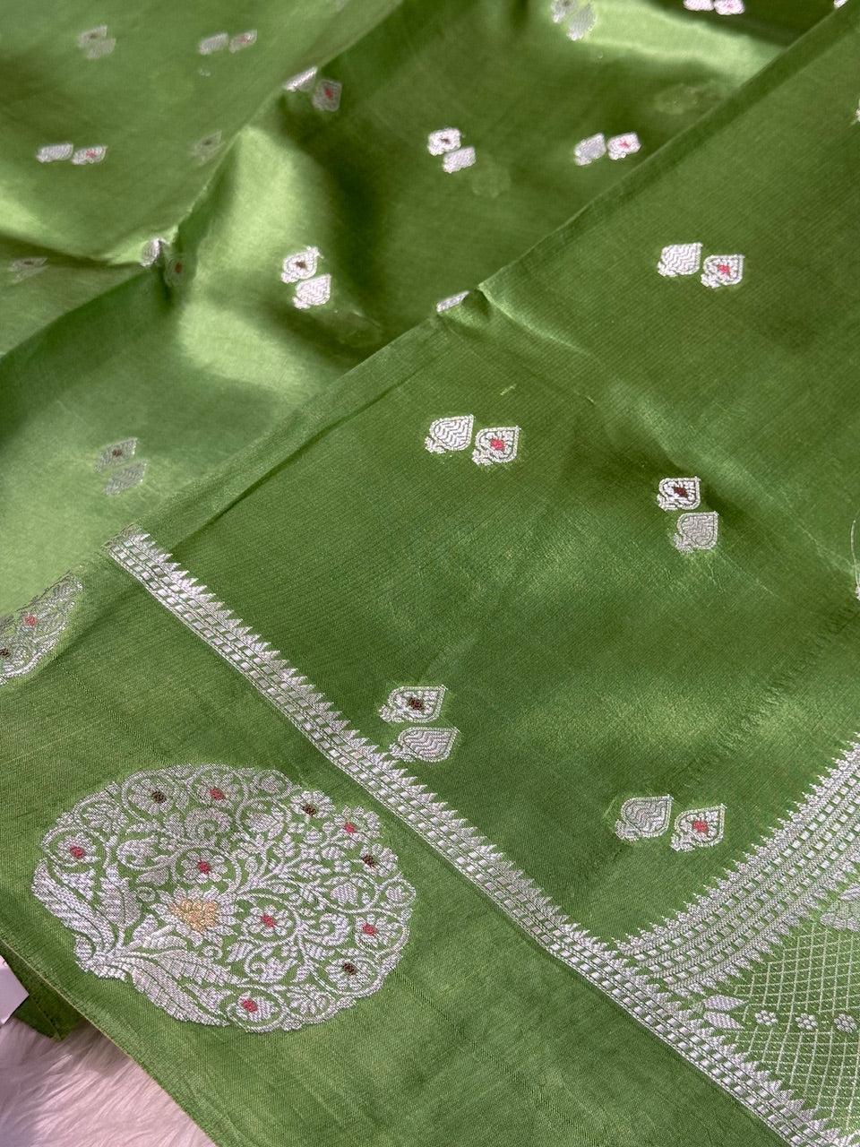 Grass Green Boota with Silver Zari Pure Mango Silk