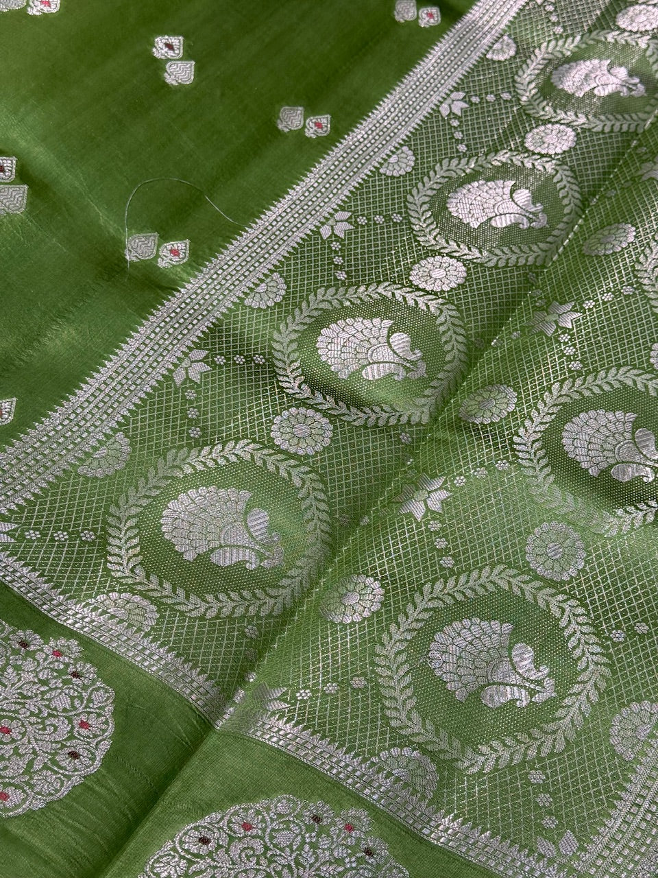 Grass Green Boota with Silver Zari Pure Mango Silk