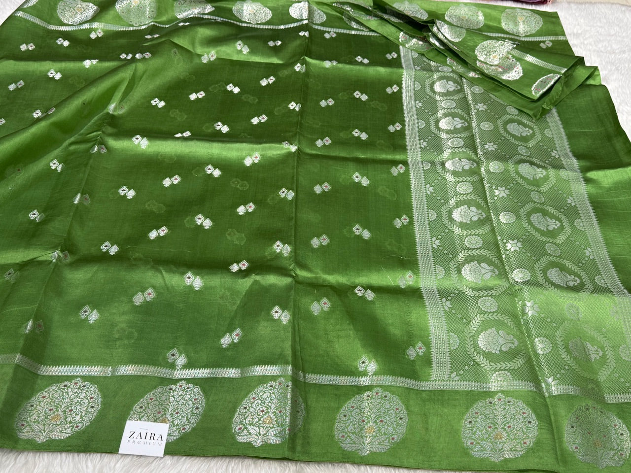Grass Green Boota with Silver Zari Pure Mango Silk