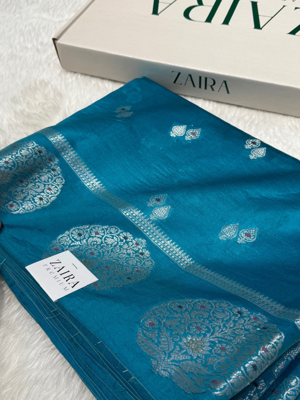 Deep Sea Blue Boota with Silver Zari Pure Mango Silk