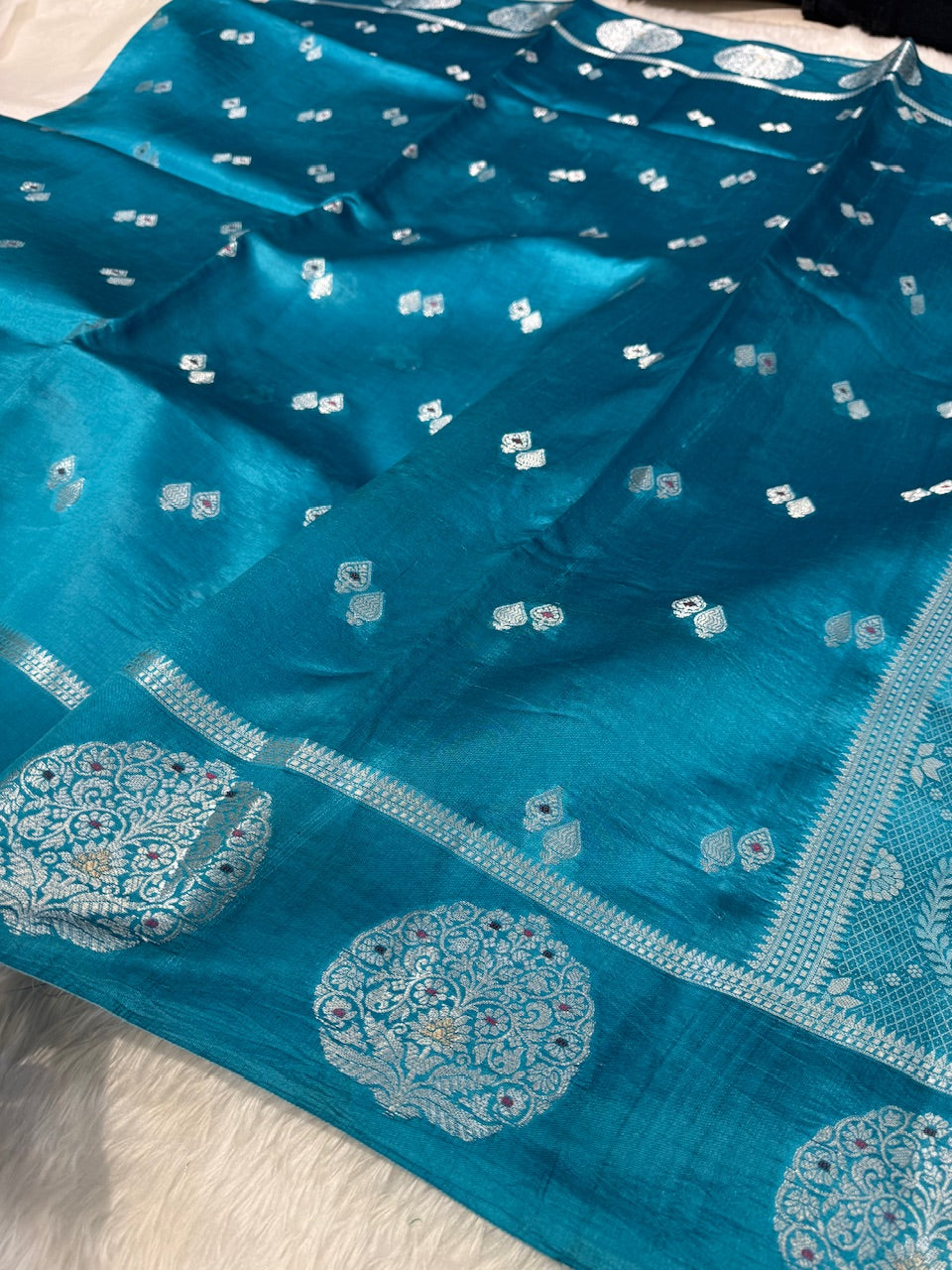 Deep Sea Blue Boota with Silver Zari Pure Mango Silk