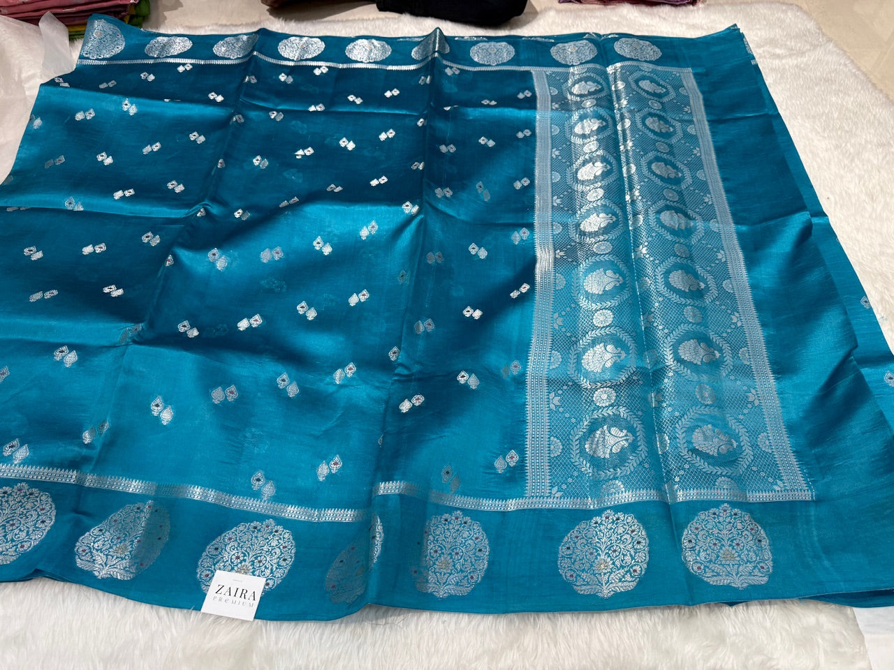Deep Sea Blue Boota with Silver Zari Pure Mango Silk