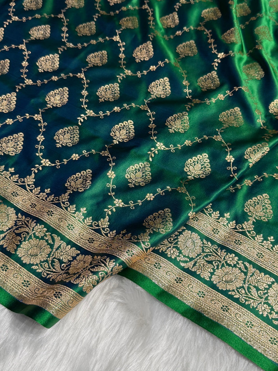 Cross Bottle Green Floral Jaal Pattern Satin Katan Silk saree SK42