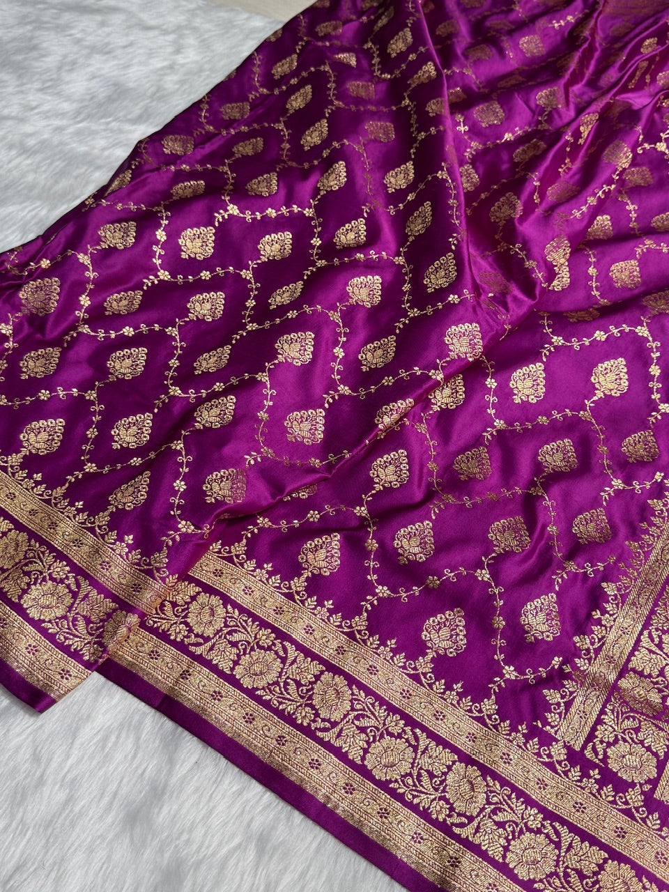 Purple Floral Jaal Pattern Satin Katan Silk saree SK42