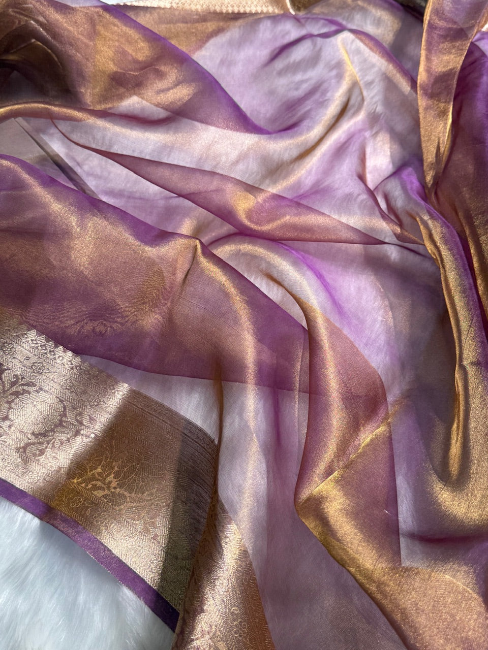 Goldish Purple Shade Pure Tissue Silk Saree with Brocade Blouse PT-18