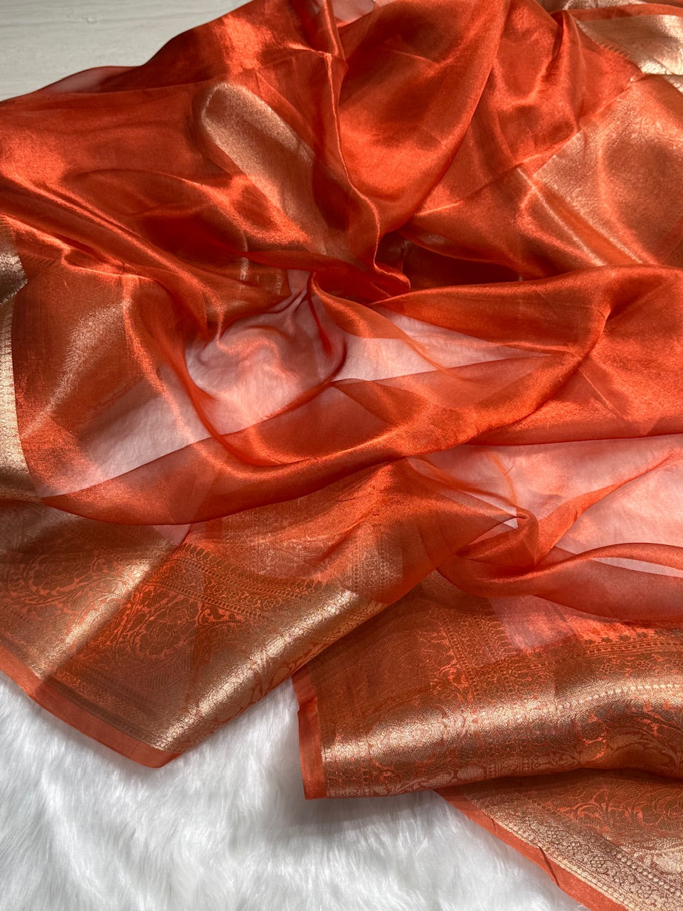 Rust Orange Pure Tissue Silk Saree with brocade Blouse PT-2