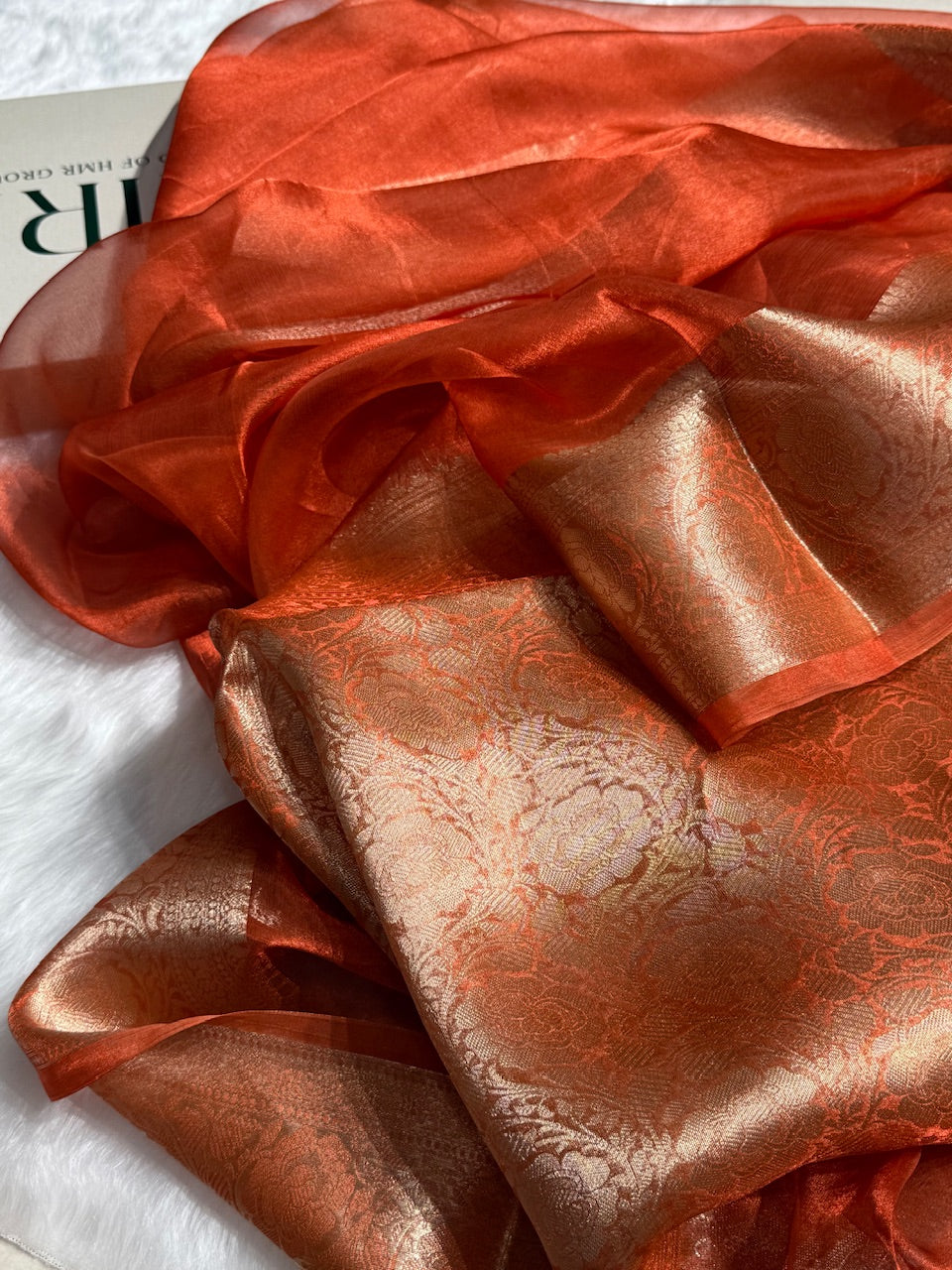 Rust Orange Pure Tissue Silk Saree with brocade Blouse PT-2