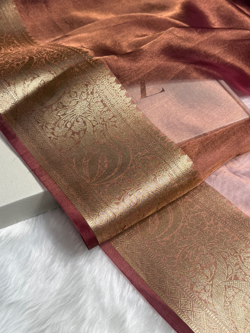 Chocolate Shade Pure Tissue Silk Saree with Brocade Blouse PT-04