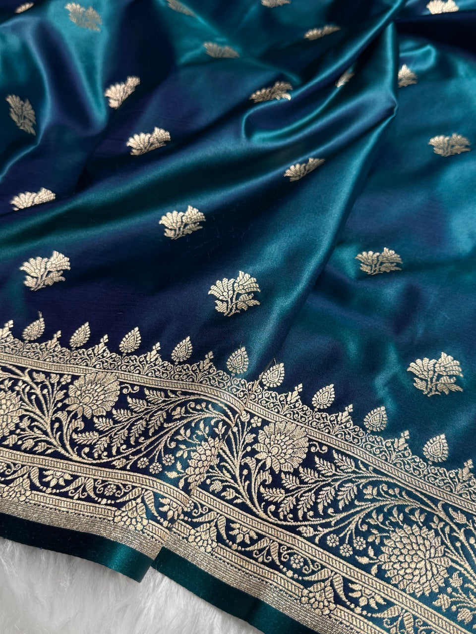 Peacock Floral Boota Satin Katan Silk saree SK32