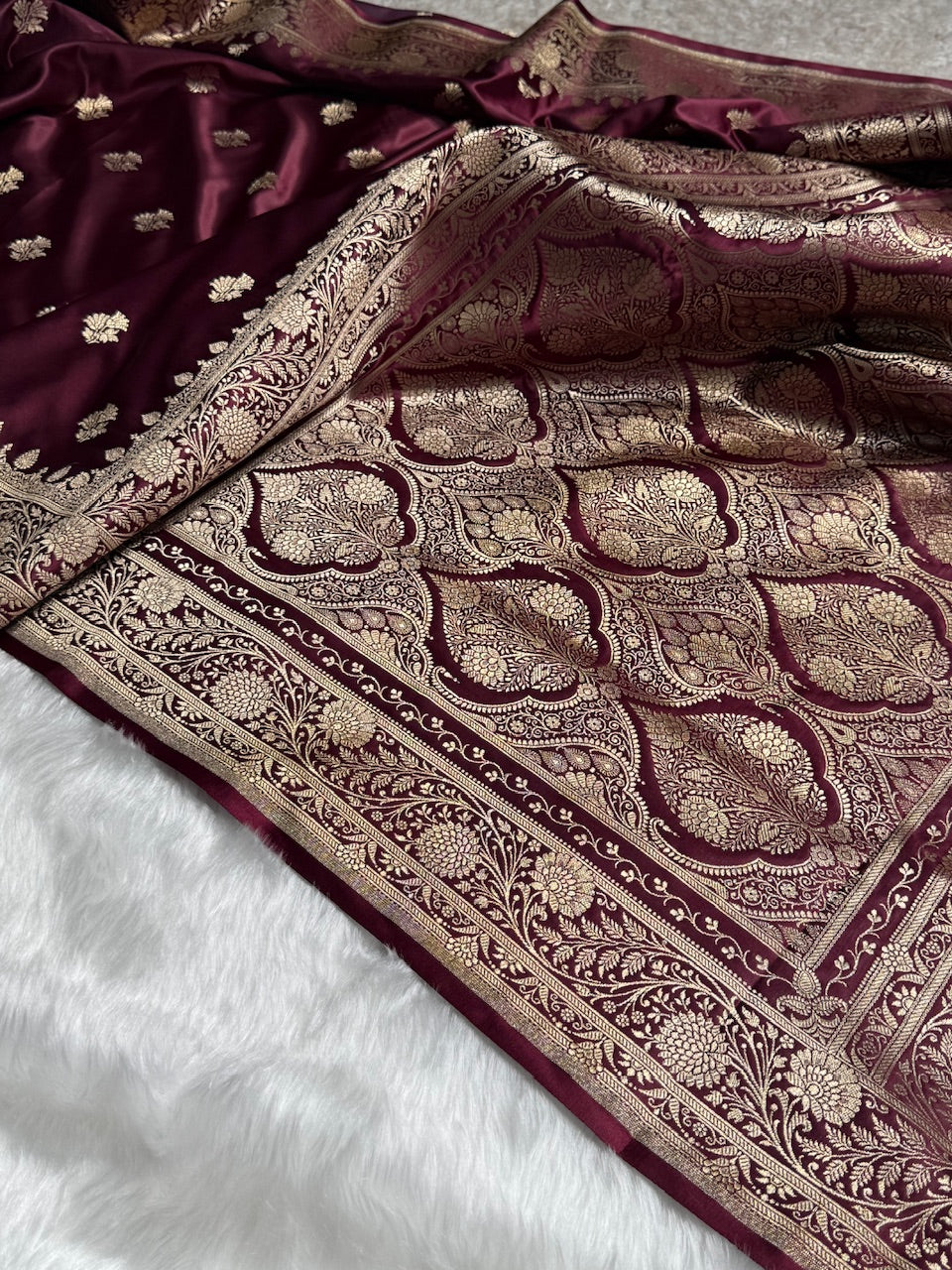 Chocolate Floral Boota Satin Katan Silk saree SK32
