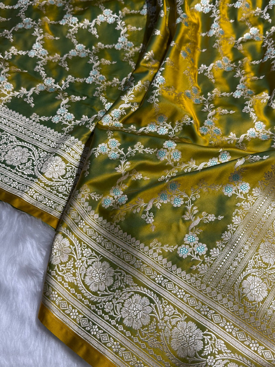 Neon Green Jaal Pattern Mashru Silk Saree