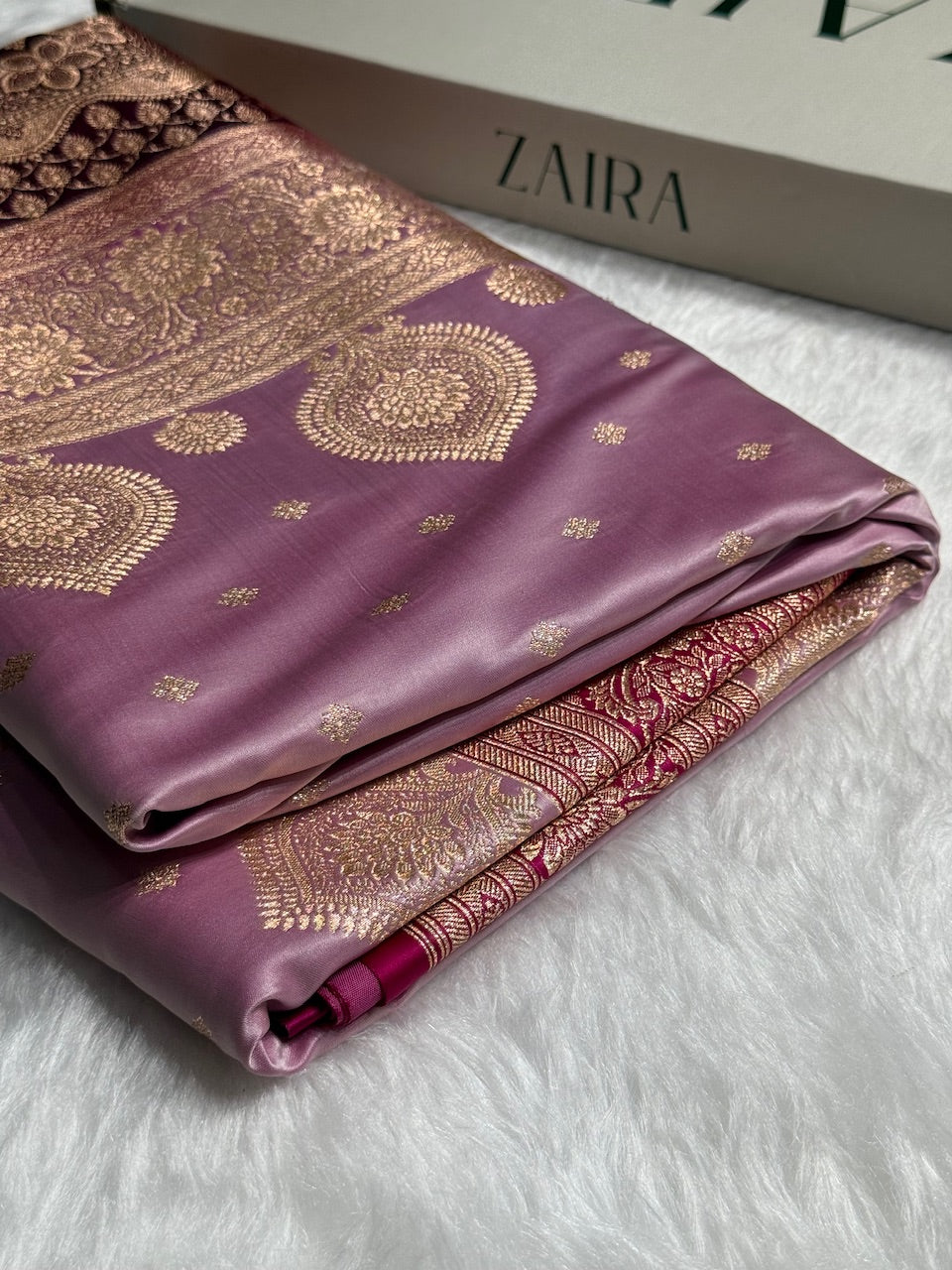 Lavender with Rani Booti Satin Katan Silk saree SK29