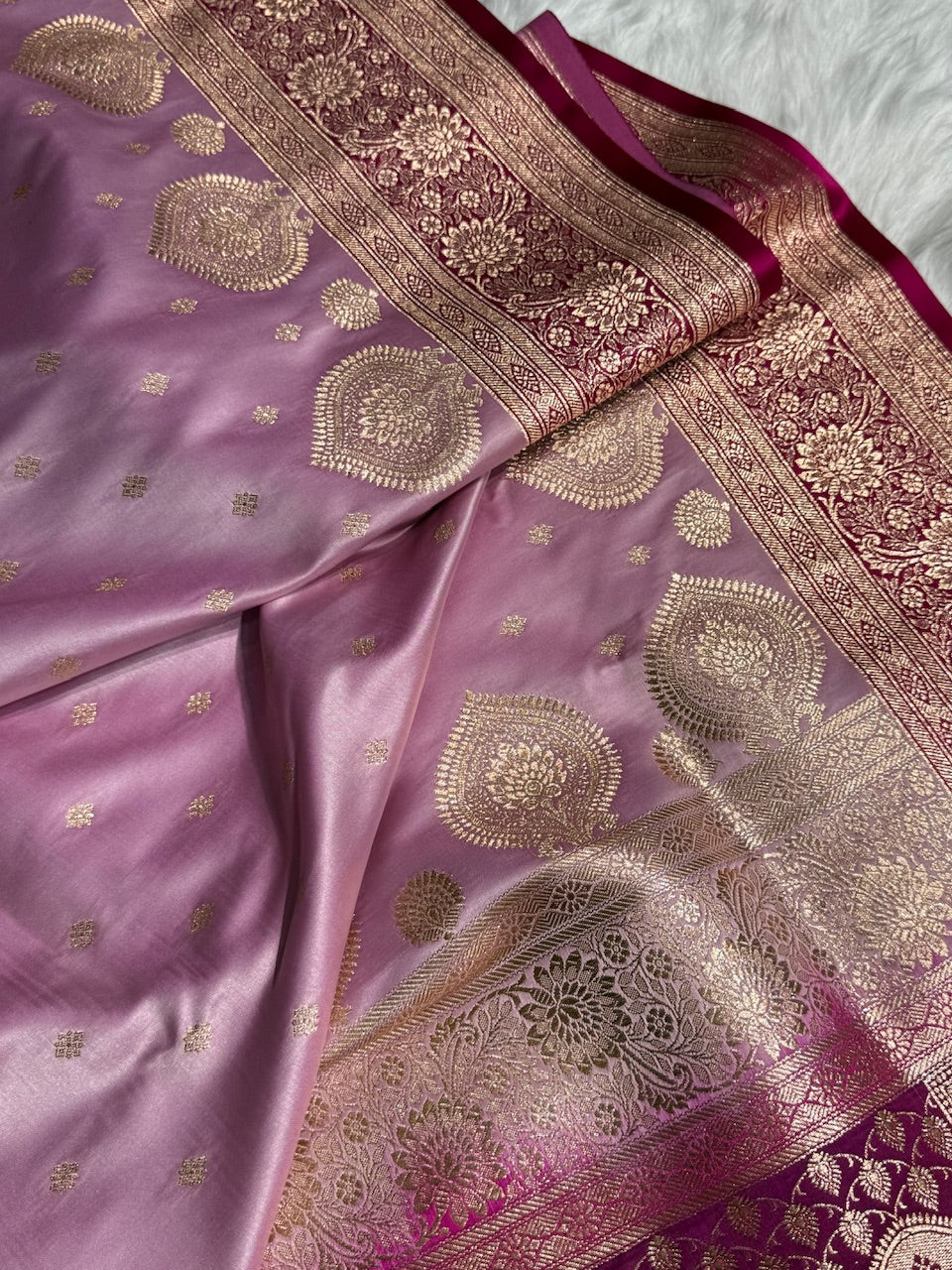 Lavender with Rani Booti Satin Katan Silk saree SK29