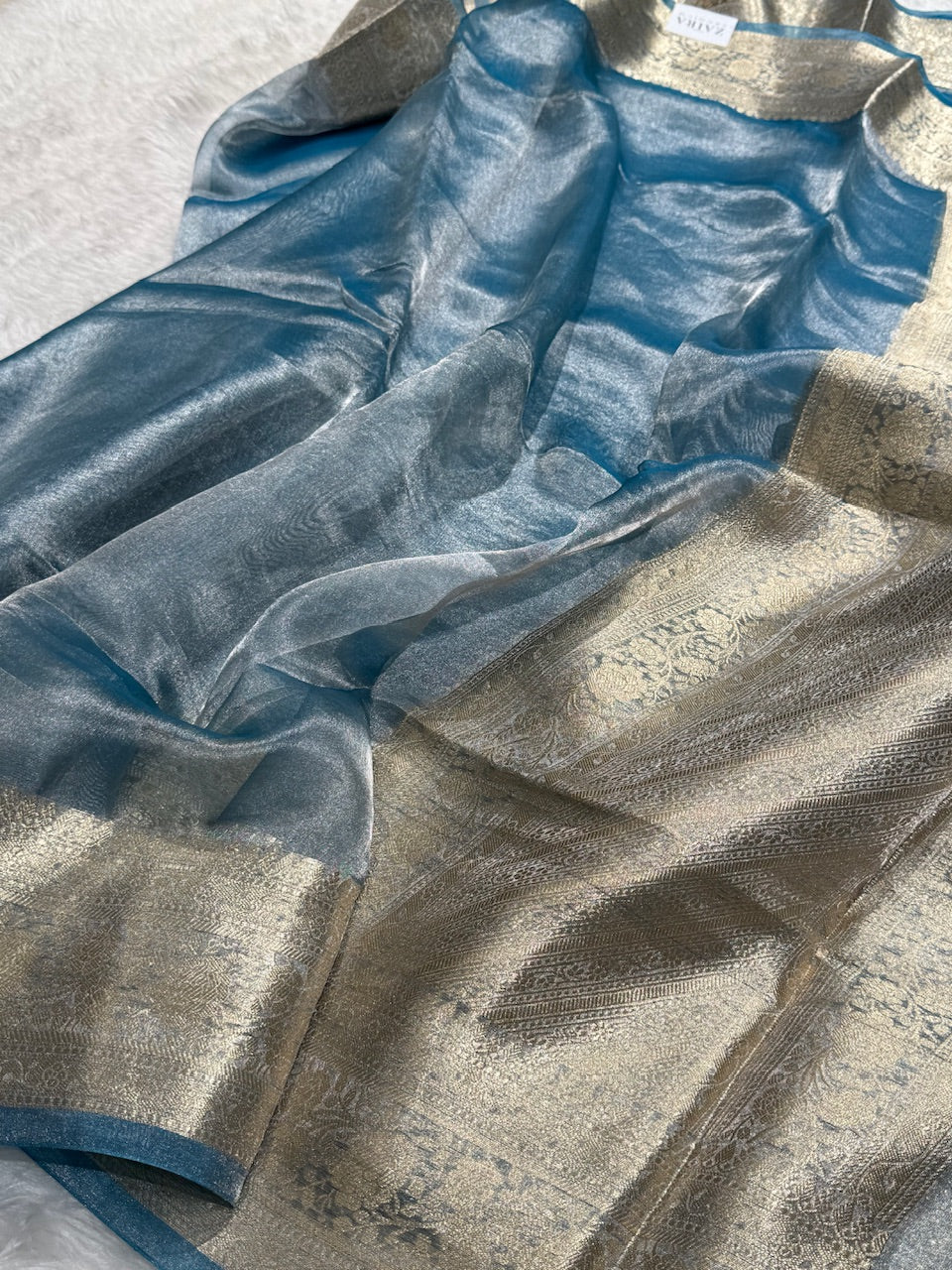 Dusty Powder Blue Shades Pure Tissue Silk Saree with Brocade Blouse PT-08