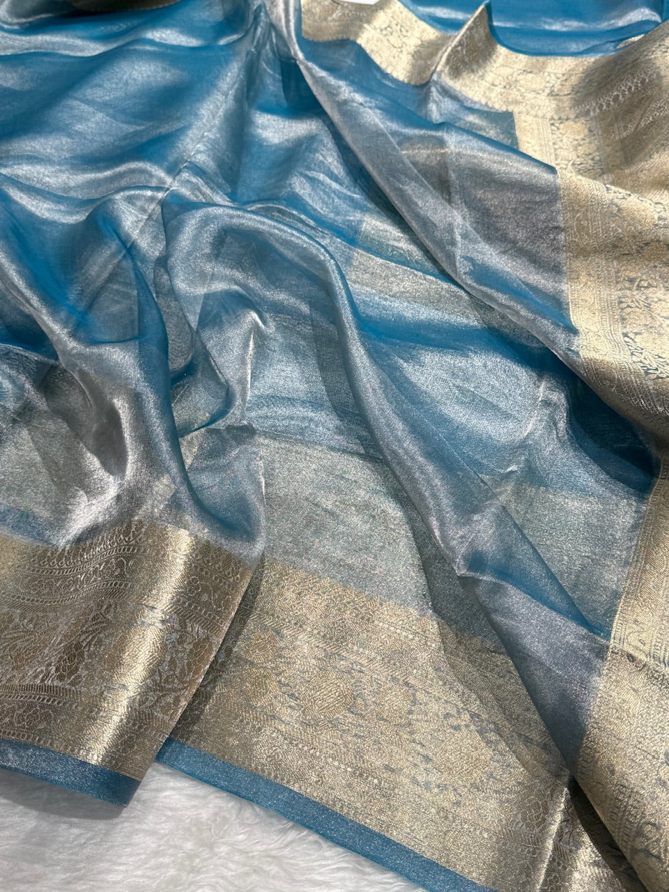 Dusty Powder Blue Shades Pure Tissue Silk Saree with Brocade Blouse PT-08