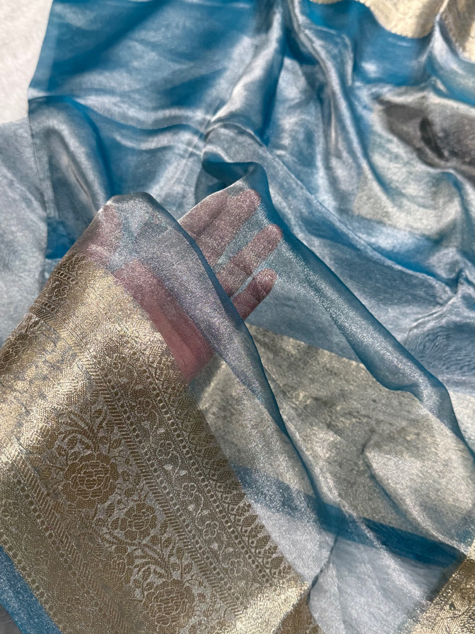 Dusty Powder Blue Shades Pure Tissue Silk Saree with Brocade Blouse PT-08