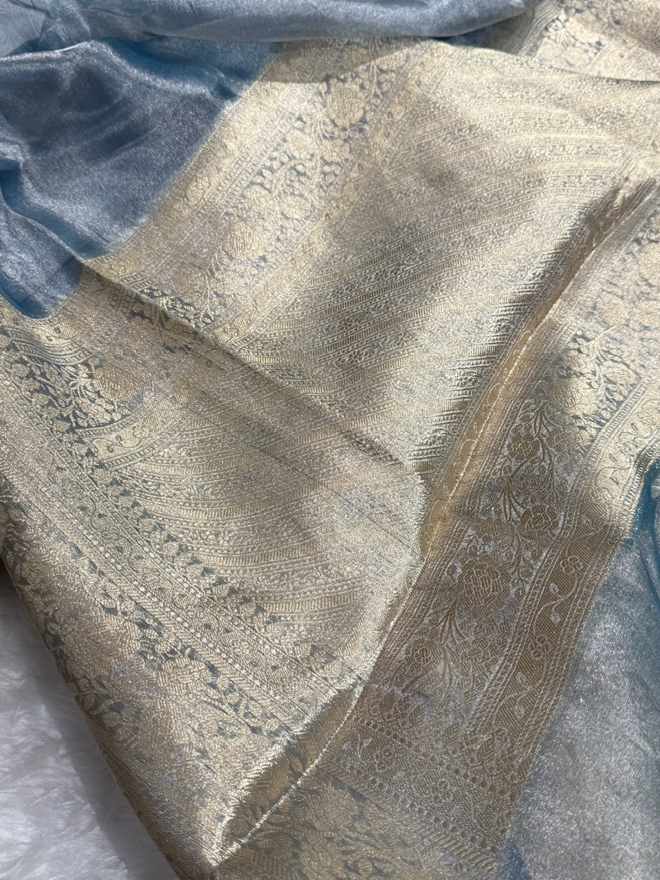 Dusty Powder Blue Shades Pure Tissue Silk Saree with Brocade Blouse PT-08