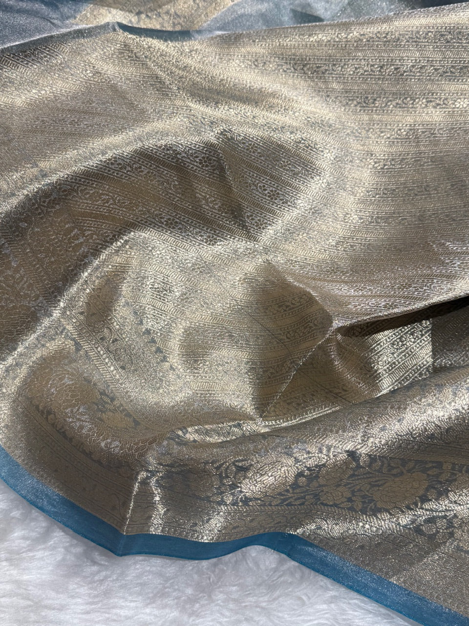 Dusty Powder Blue Shades Pure Tissue Silk Saree with Brocade Blouse PT-08