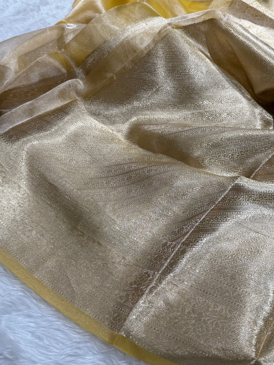 Dusty yellow Blue Shades Pure Tissue Silk Saree with Brocade Blouse PT-08