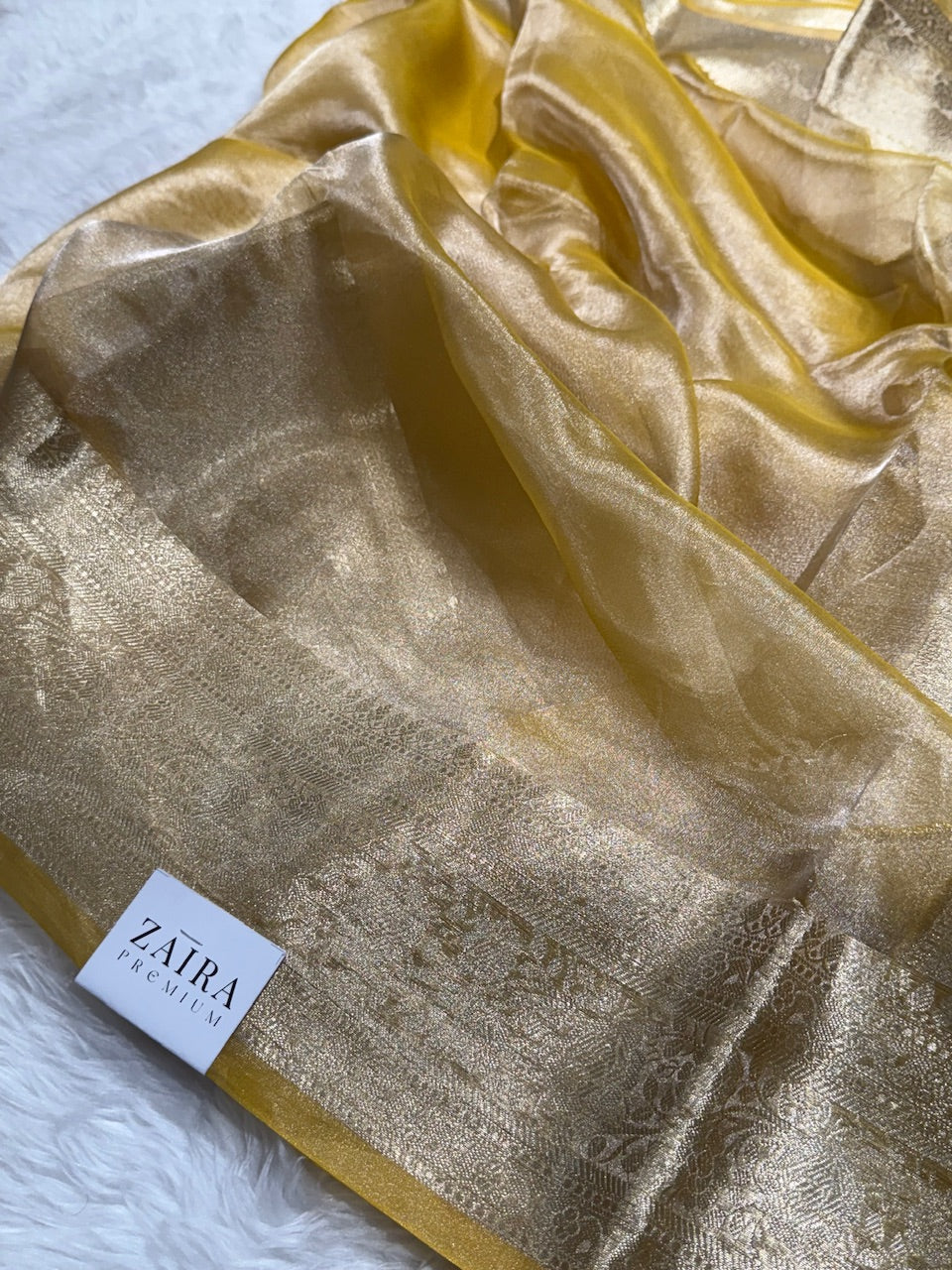 Dusty yellow Blue Shades Pure Tissue Silk Saree with Brocade Blouse PT-08