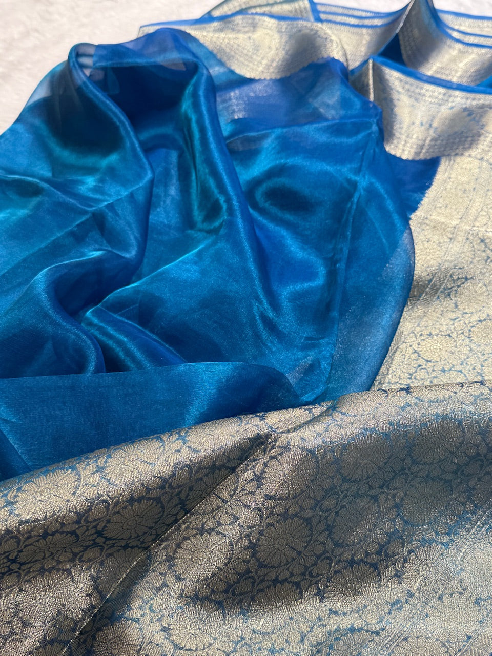 Blue Shades Pure Tissue Silk Saree with Brocade Blouse PT-16