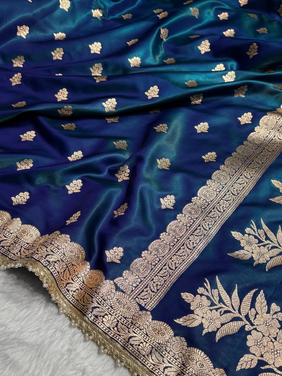 Peacock Shades Booti Satin Silk Saree with gotta patti SSGP07