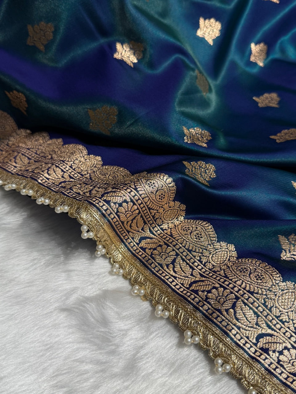 Peacock Shades Booti Satin Silk Saree with gotta patti SSGP07