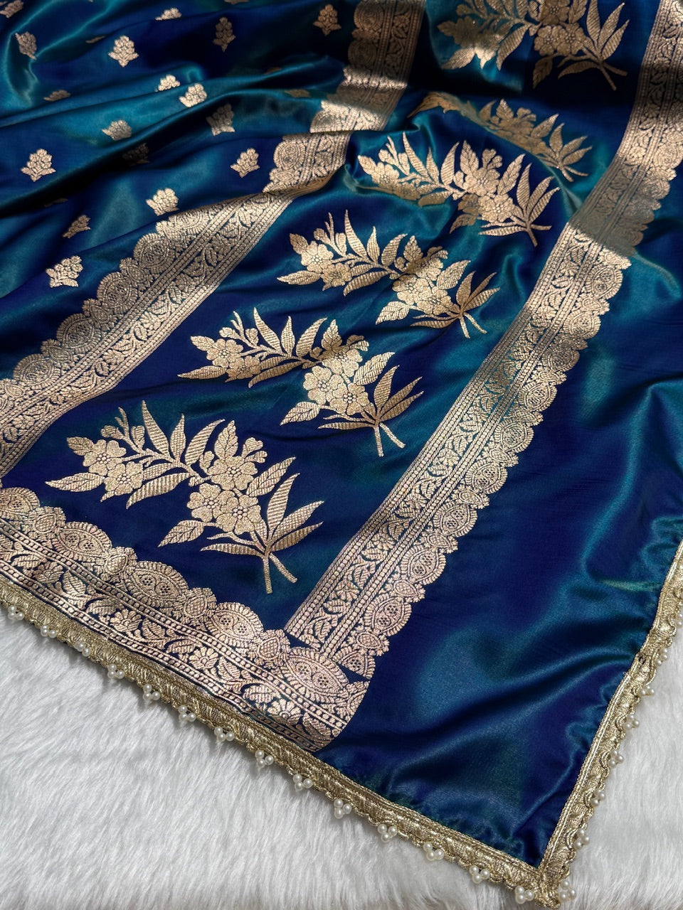 Peacock Shades Booti Satin Silk Saree with gotta patti SSGP07