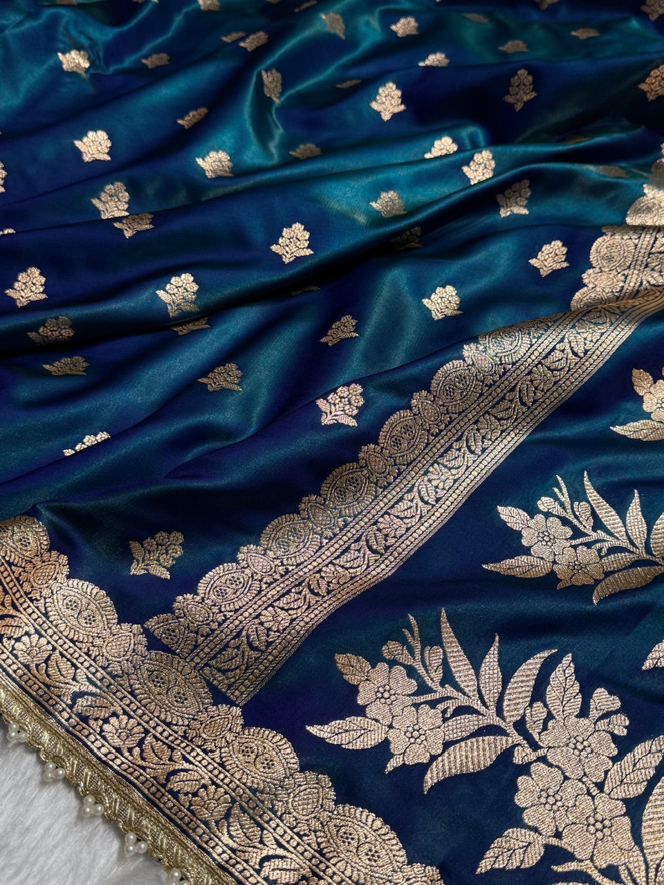 Peacock Shades Booti Satin Silk Saree with gotta patti SSGP07