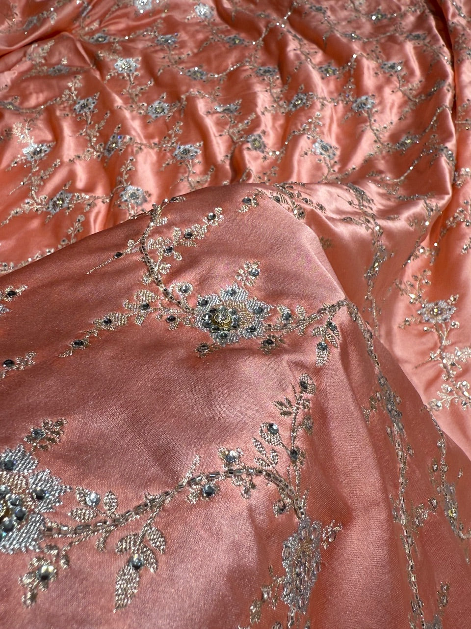 Peach Minakari Jaal Mashru Silk Saree with Ari and Stone Work
