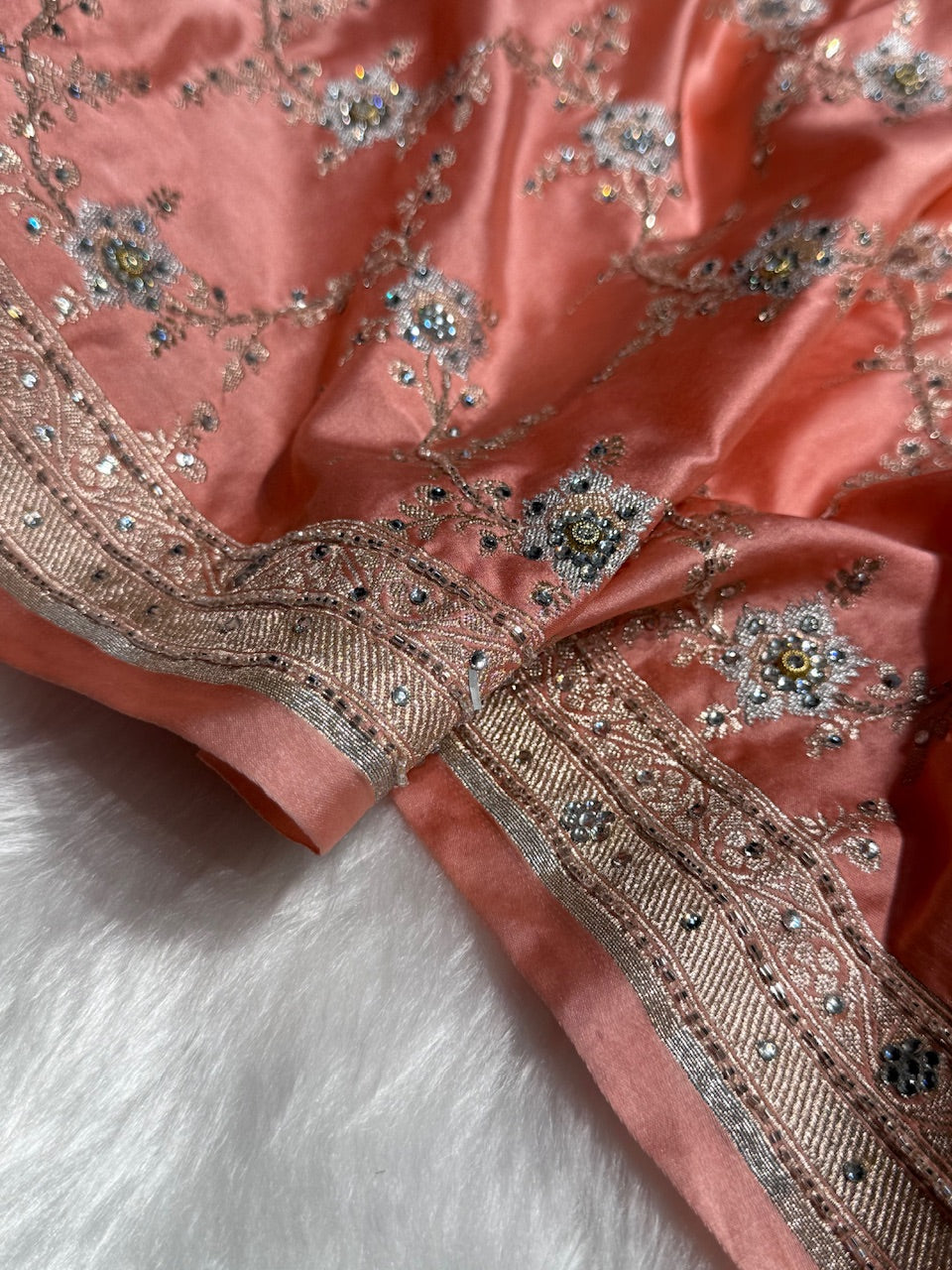 Peach Minakari Jaal Mashru Silk Saree with Ari and Stone Work