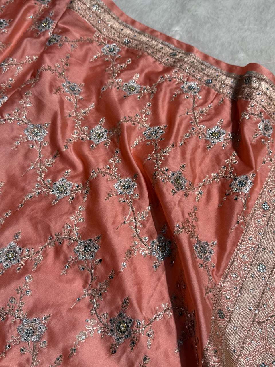 Peach Minakari Jaal Mashru Silk Saree with Ari and Stone Work