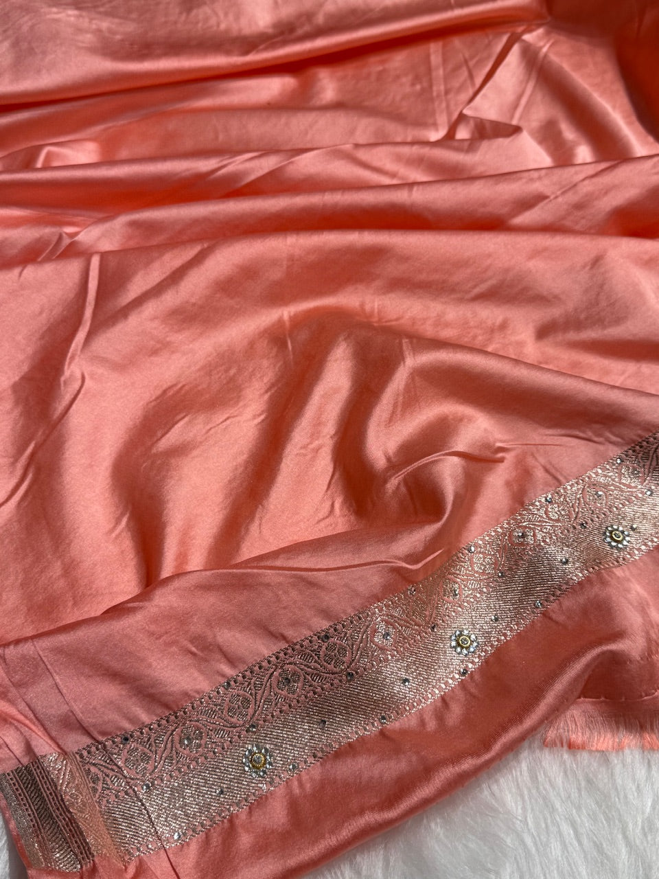 Peach Minakari Jaal Mashru Silk Saree with Ari and Stone Work