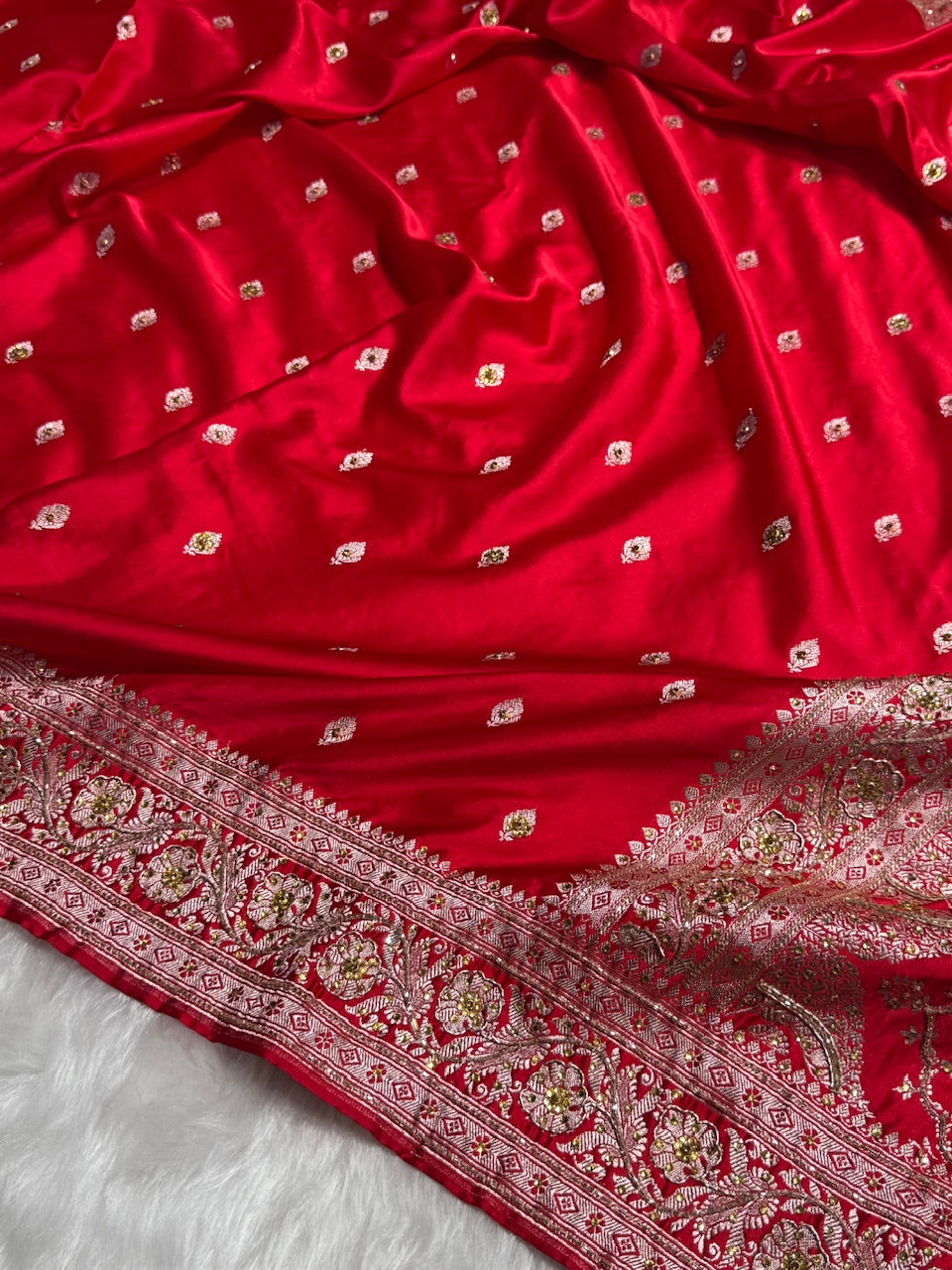 Bridal Red Booti Mashru Silk Saree with Ari and Stone Work