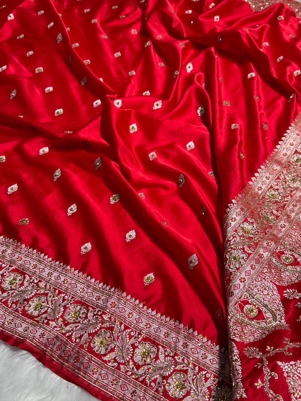 Bridal Red Booti Mashru Silk Saree with Ari and Stone Work