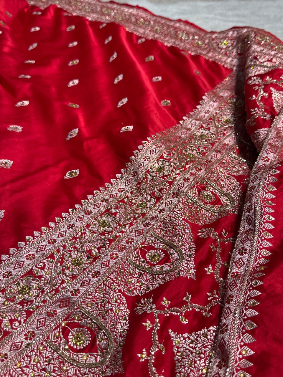 Bridal Red Booti Mashru Silk Saree with Ari and Stone Work