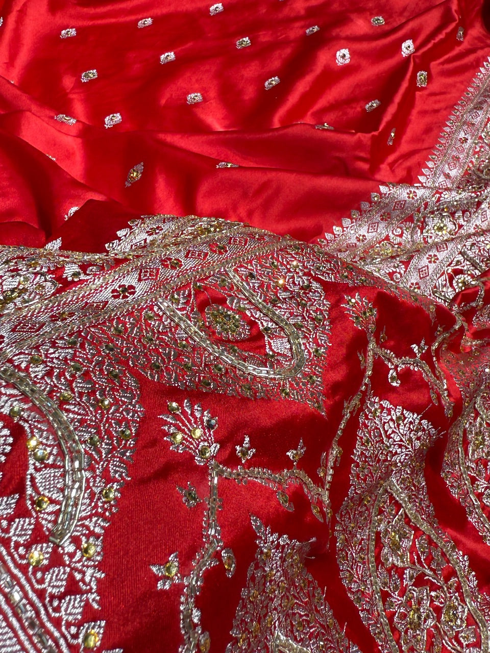 Bridal Red Booti Mashru Silk Saree with Ari and Stone Work