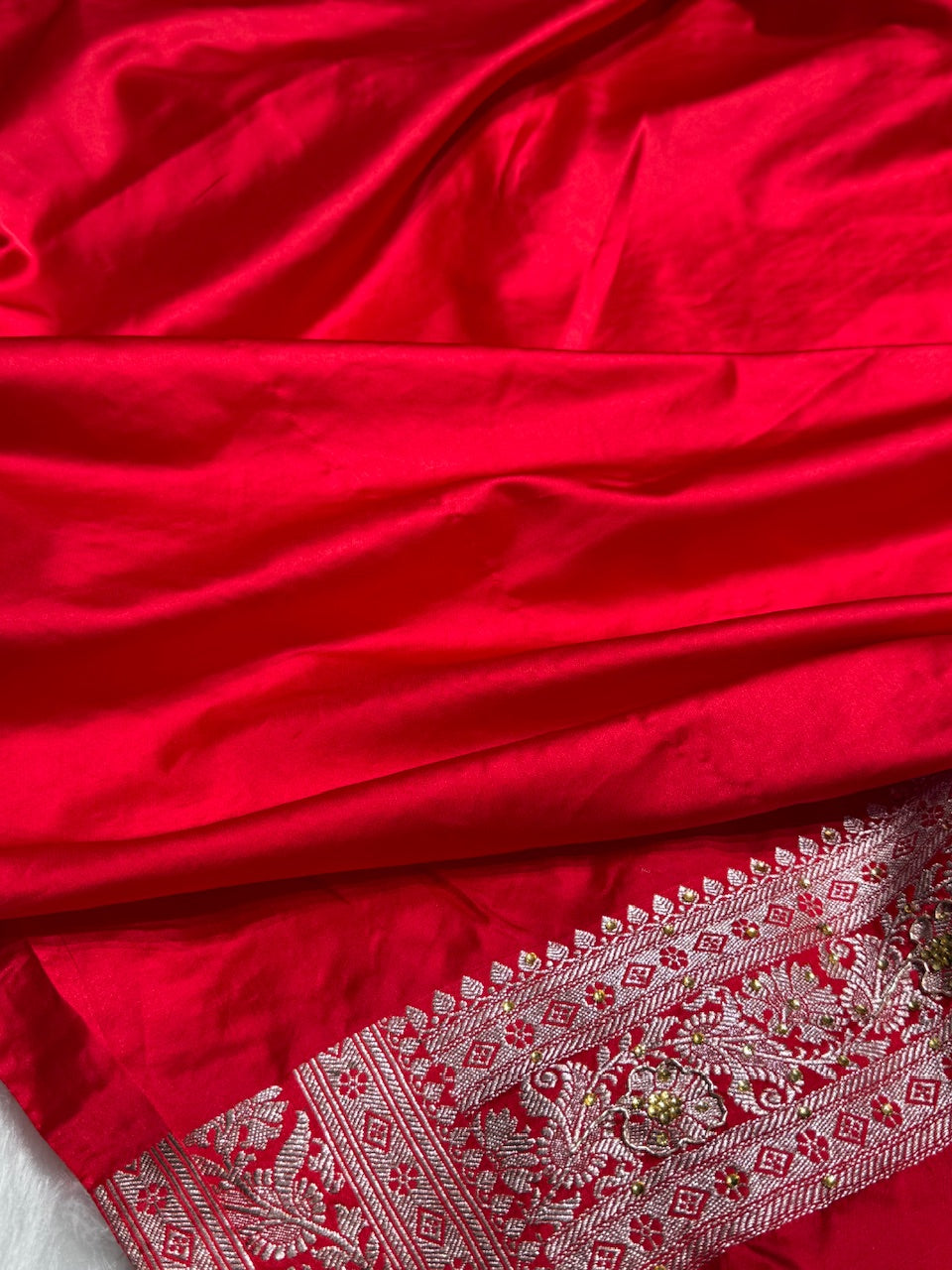 Bridal Red Booti Mashru Silk Saree with Ari and Stone Work