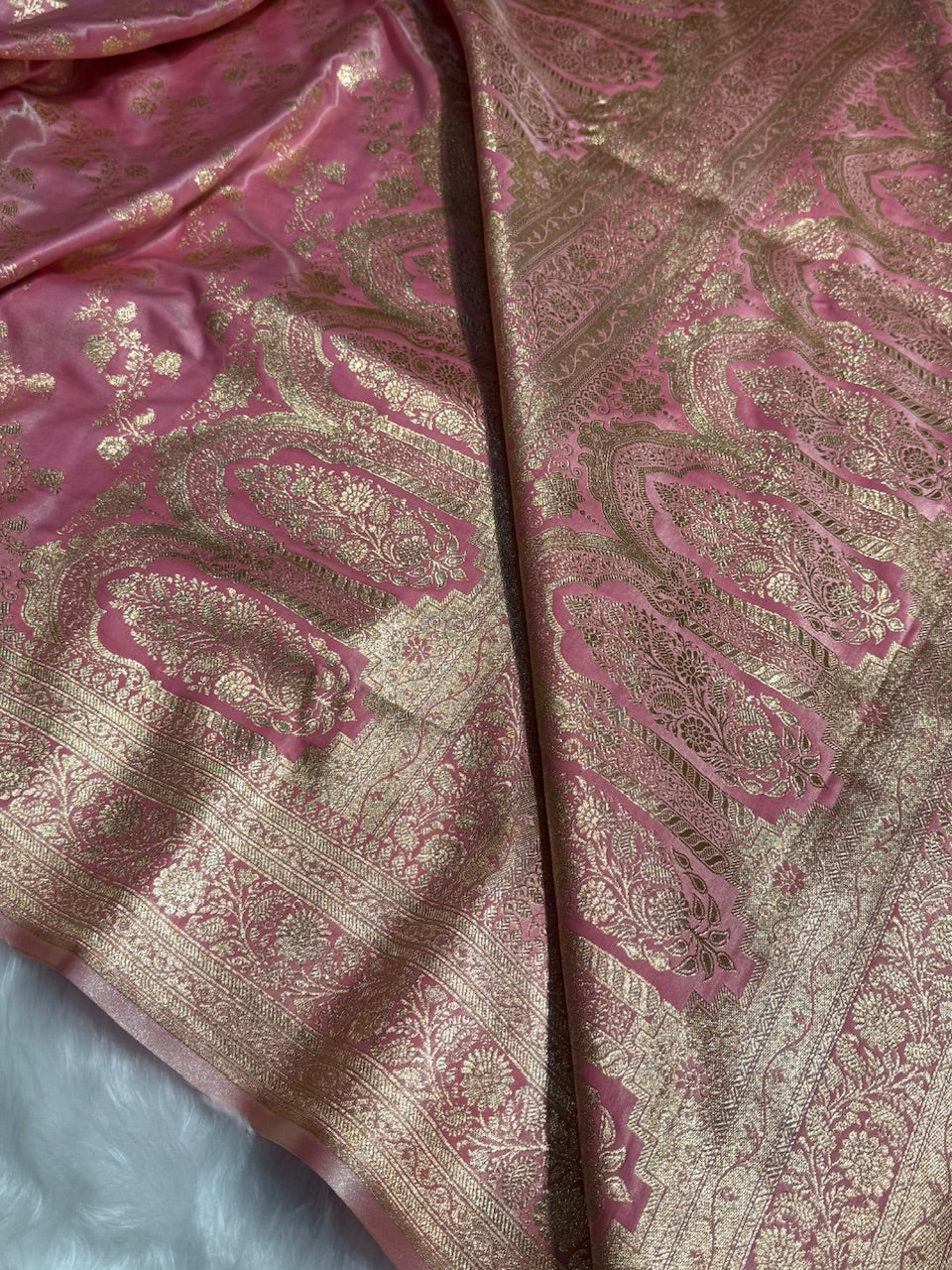 Banarasi Baby Pink Cross Jaal Satin Silk Saree SS11