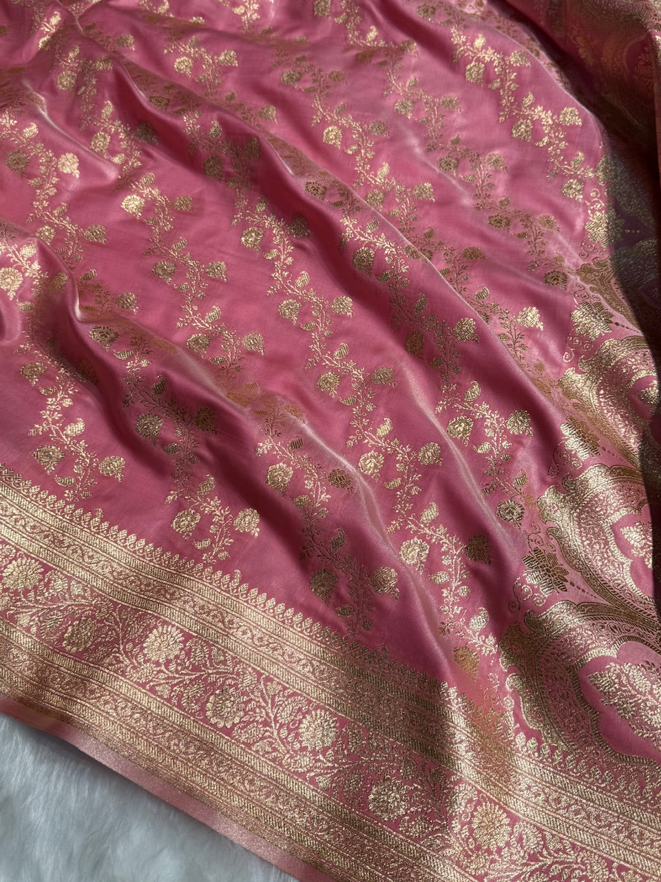 Banarasi Baby Pink Cross Jaal Satin Silk Saree SS11