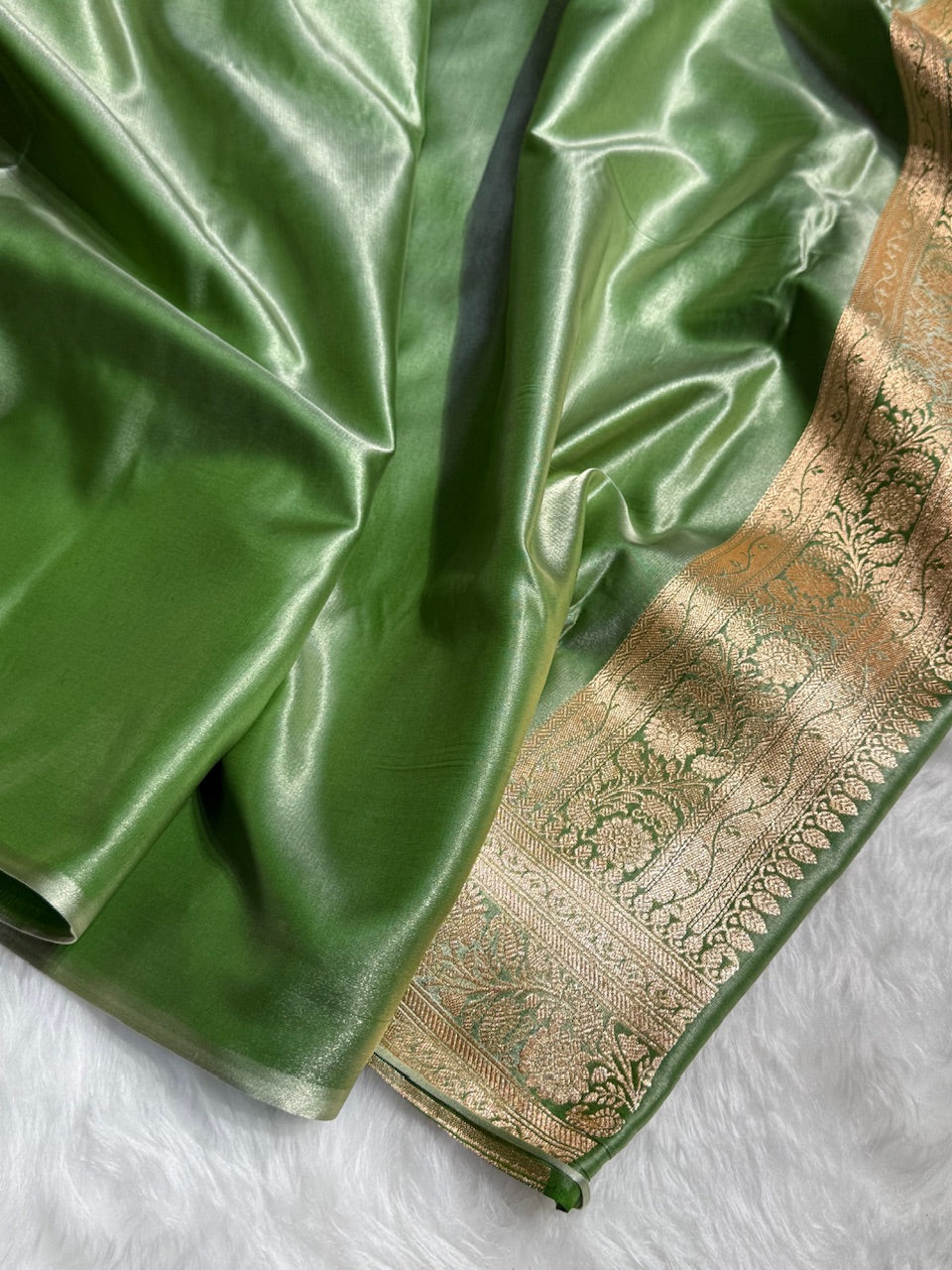 Banarasi Light Mehandi Cross Jaal Satin Silk Saree SS11