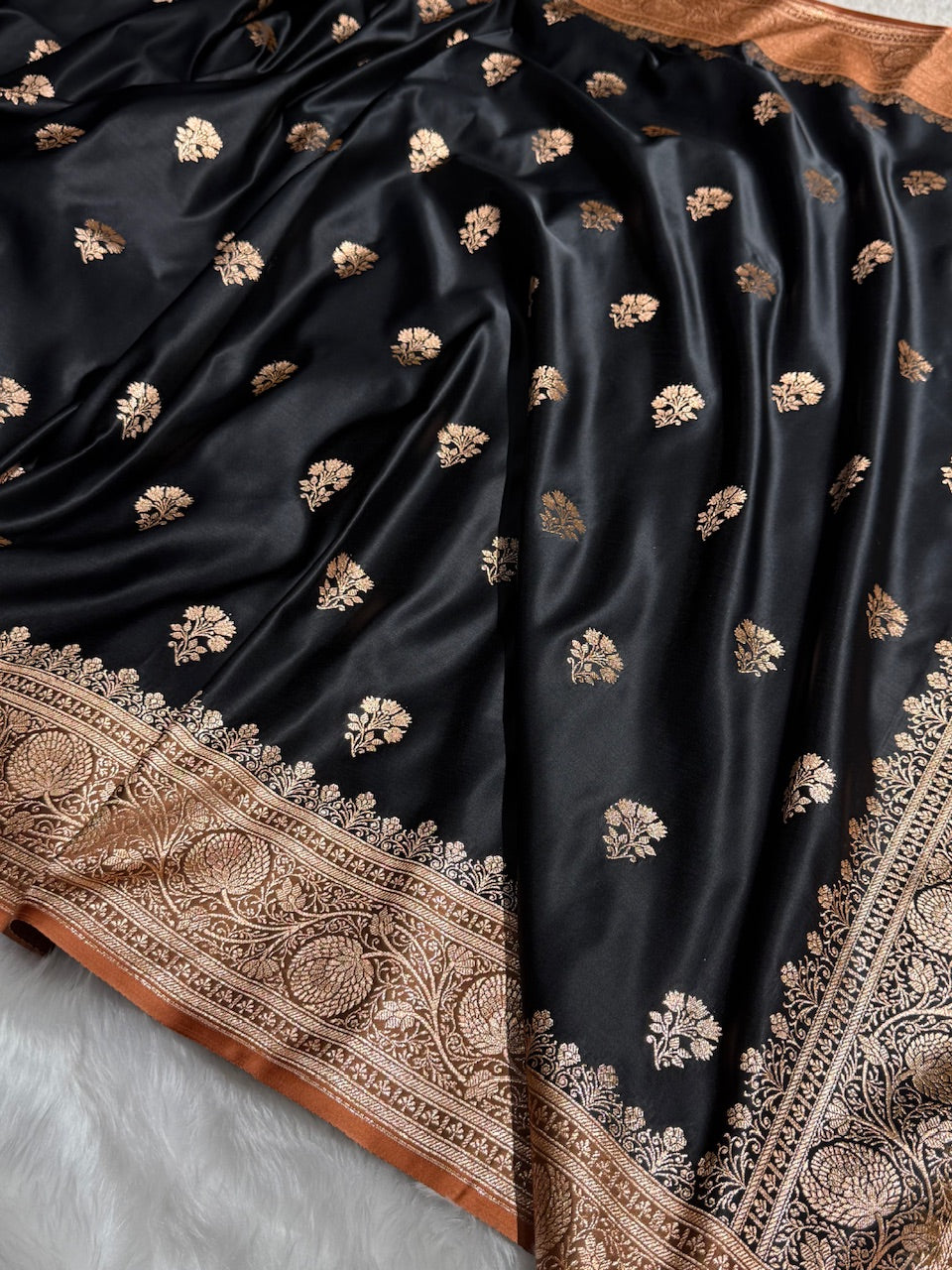 Black - Peach Banarasi Boota Katan Silk Saree