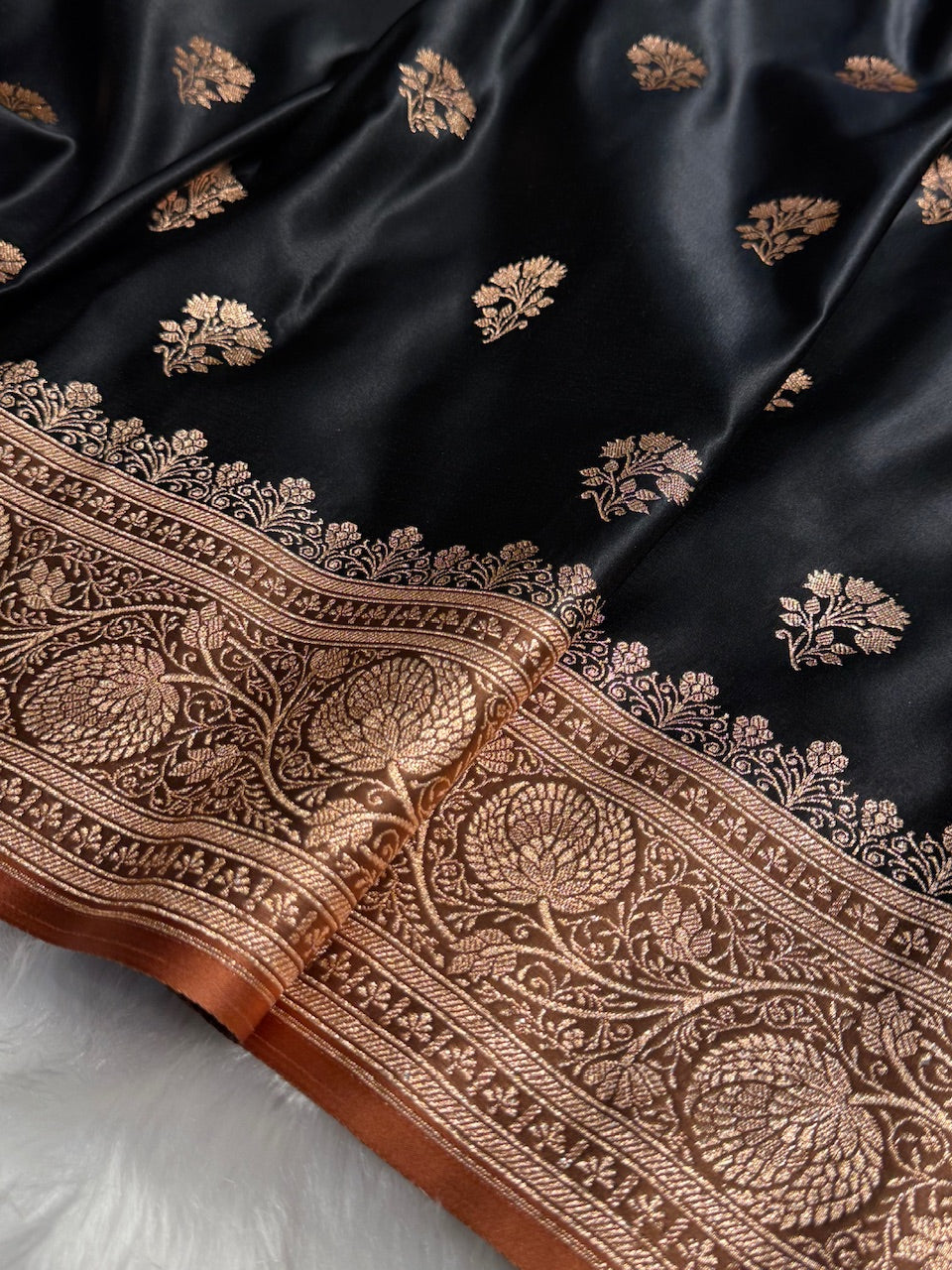Black - Peach Banarasi Boota Katan Silk Saree