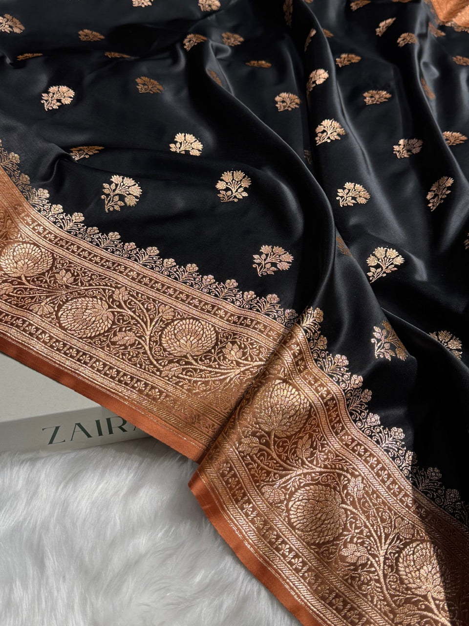 Black - Peach Banarasi Boota Katan Silk Saree