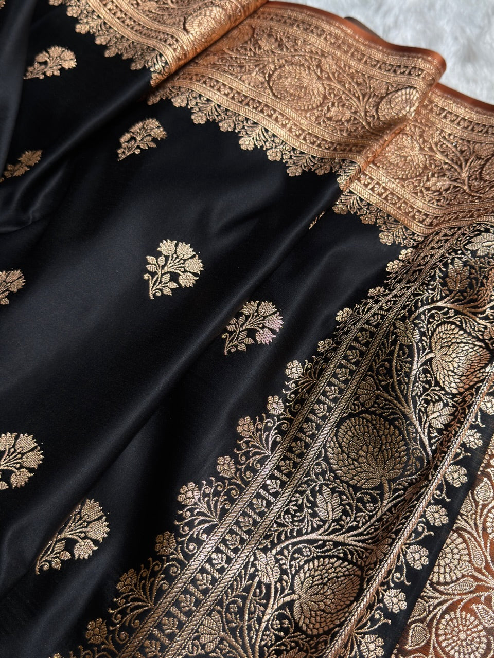 Black - Peach Banarasi Boota Katan Silk Saree