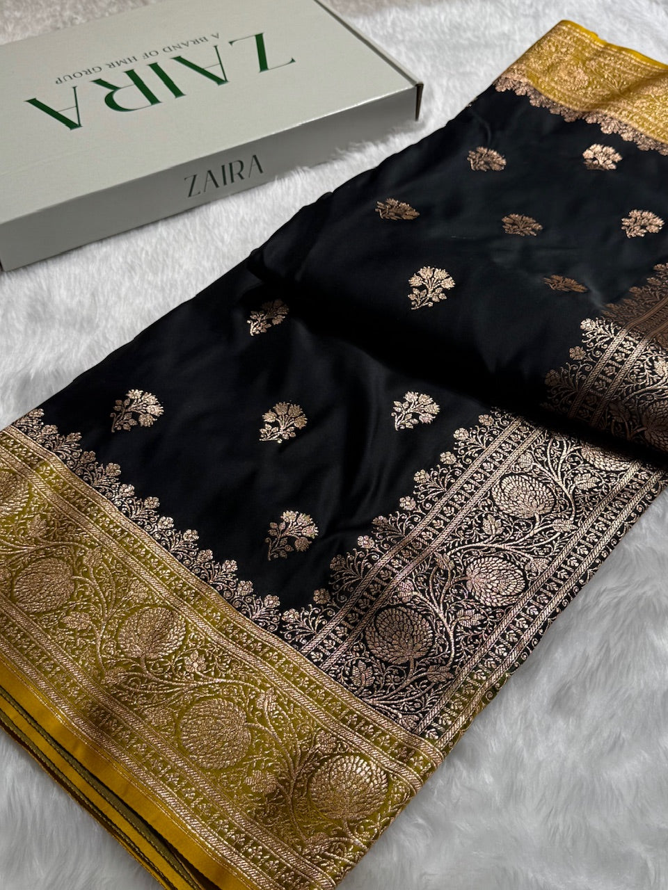 Black - Lemon Mustard Banarasi Boota Katan Silk Saree