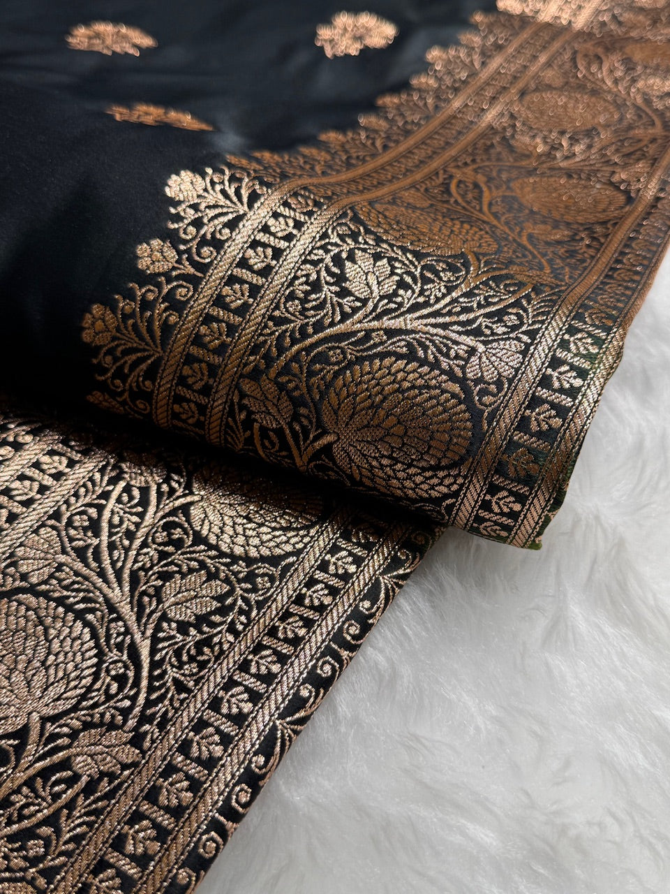 Black - Lemon Mustard Banarasi Boota Katan Silk Saree